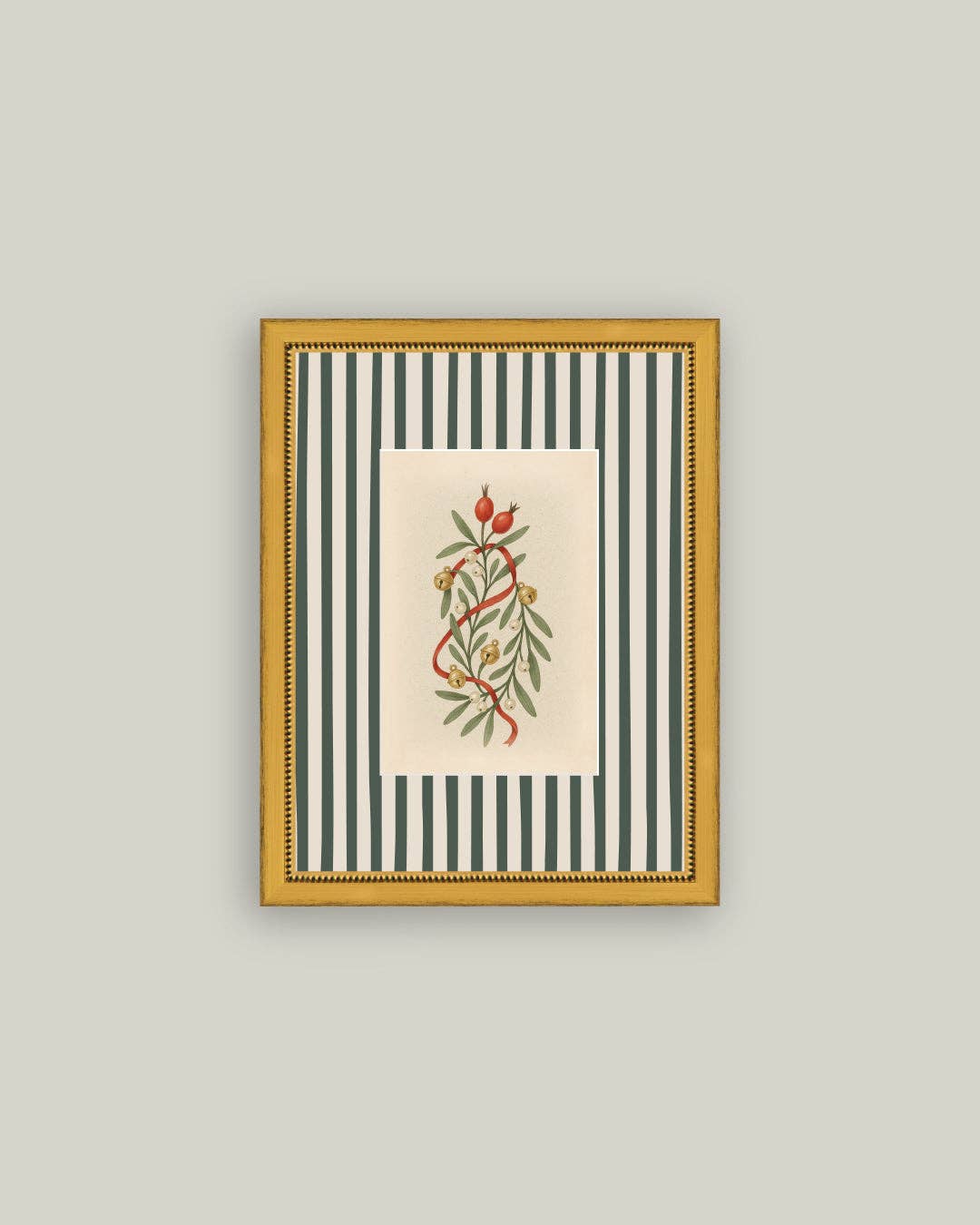 Holly Bells on Stripes Framed Antique Art 5x7