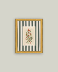 Holly Bells on Stripes Framed Antique Art 5x7