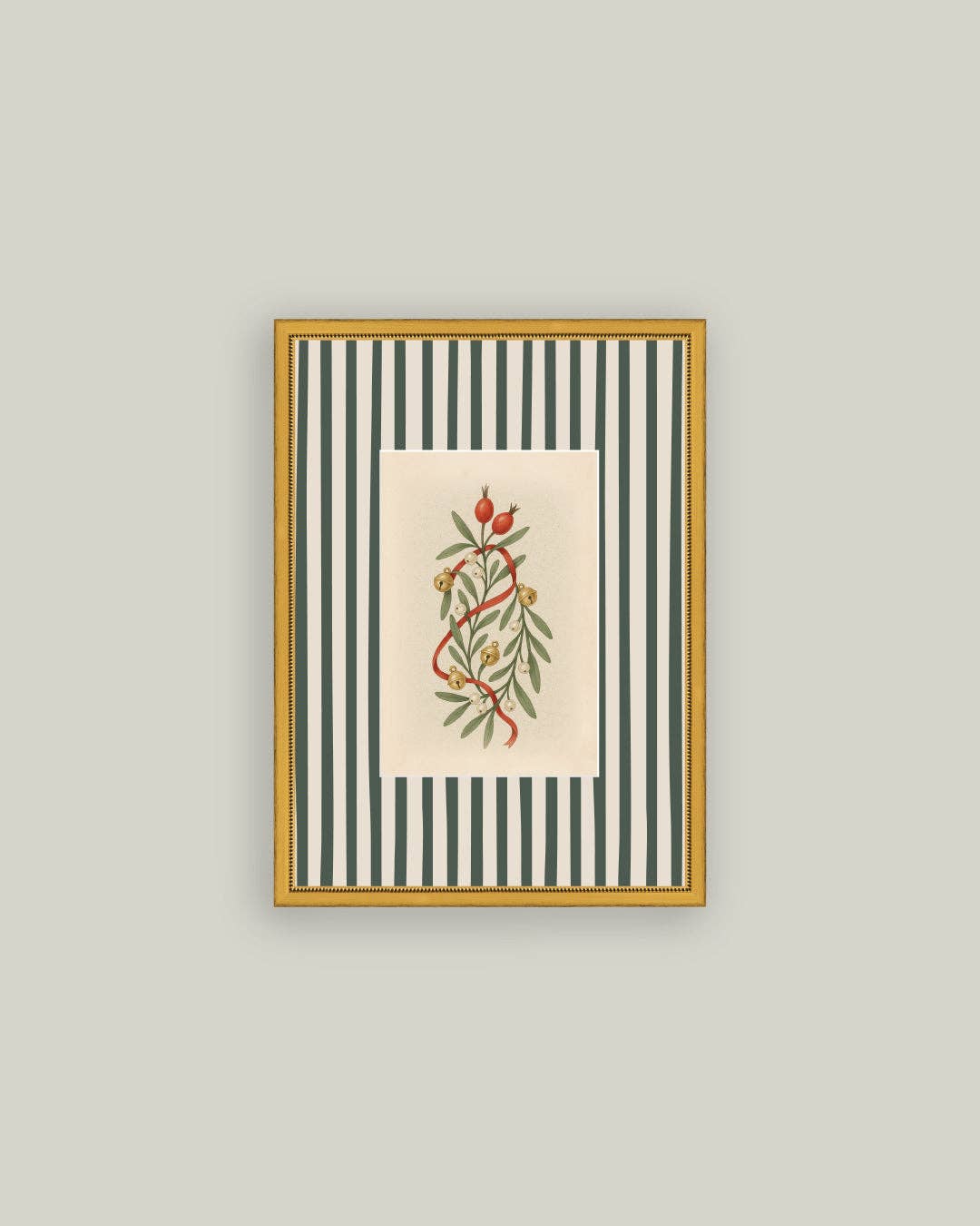Holly Bells on Stripes Framed Antique Art 5x7