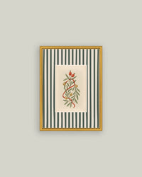 Holly Bells on Stripes Framed Antique Art 5x7