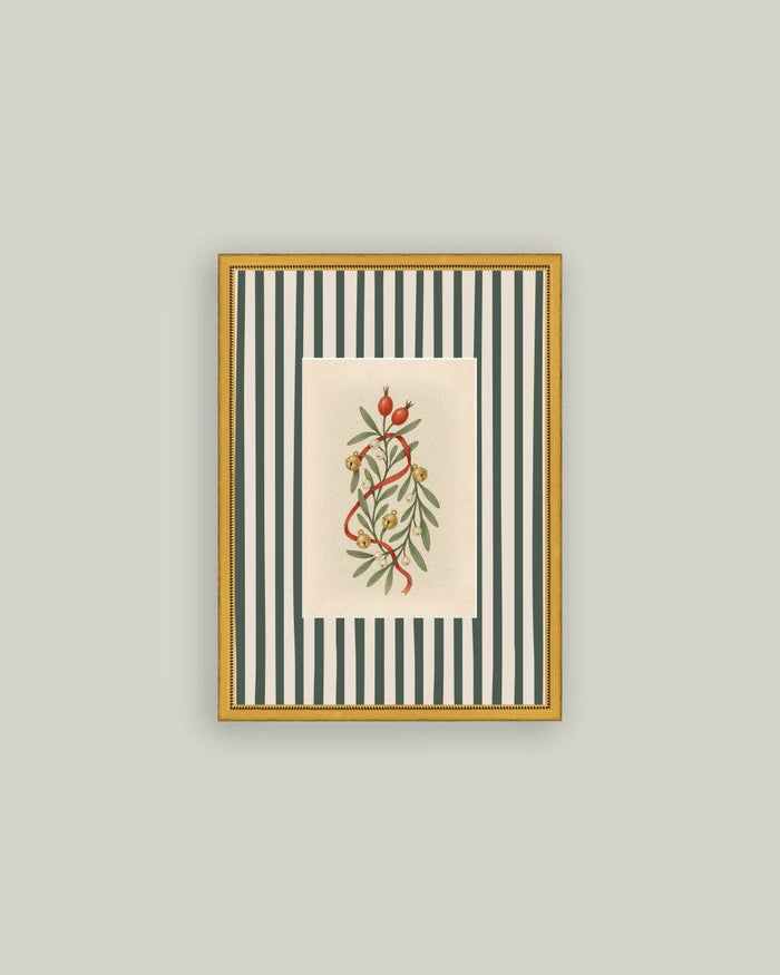 Holly Bells on Stripes Framed Antique Art 5x7