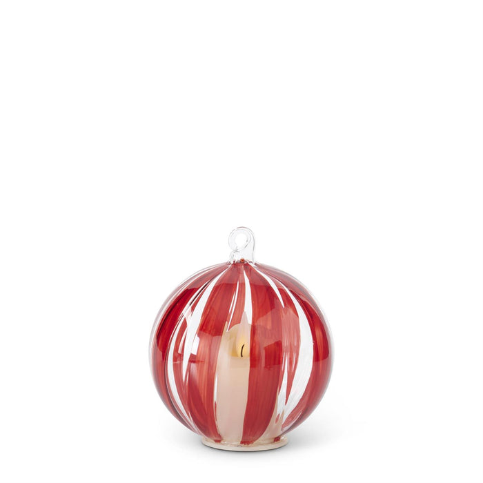 LED Hand Painted Red Stripe on Clear Glass Ornament w/Timer