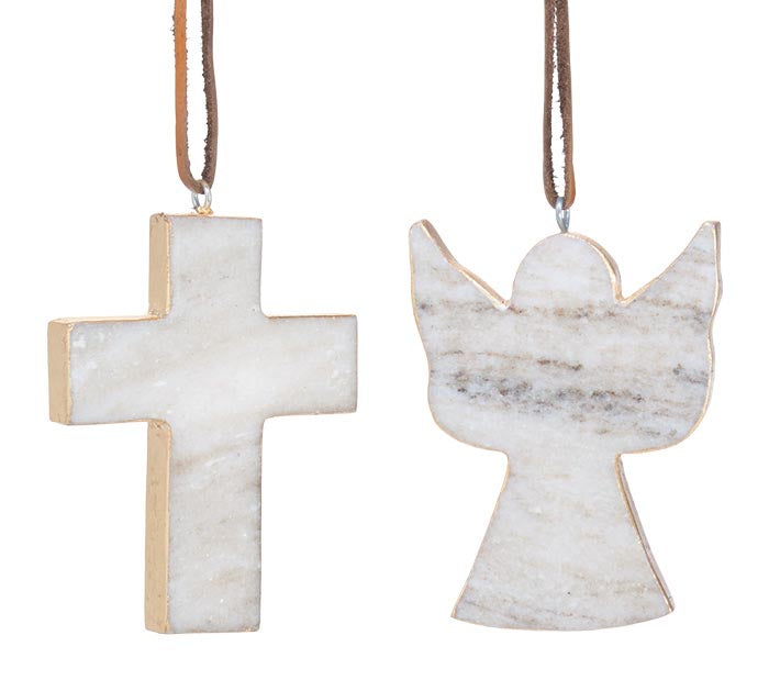 Marble Angel and Cross Ornaments