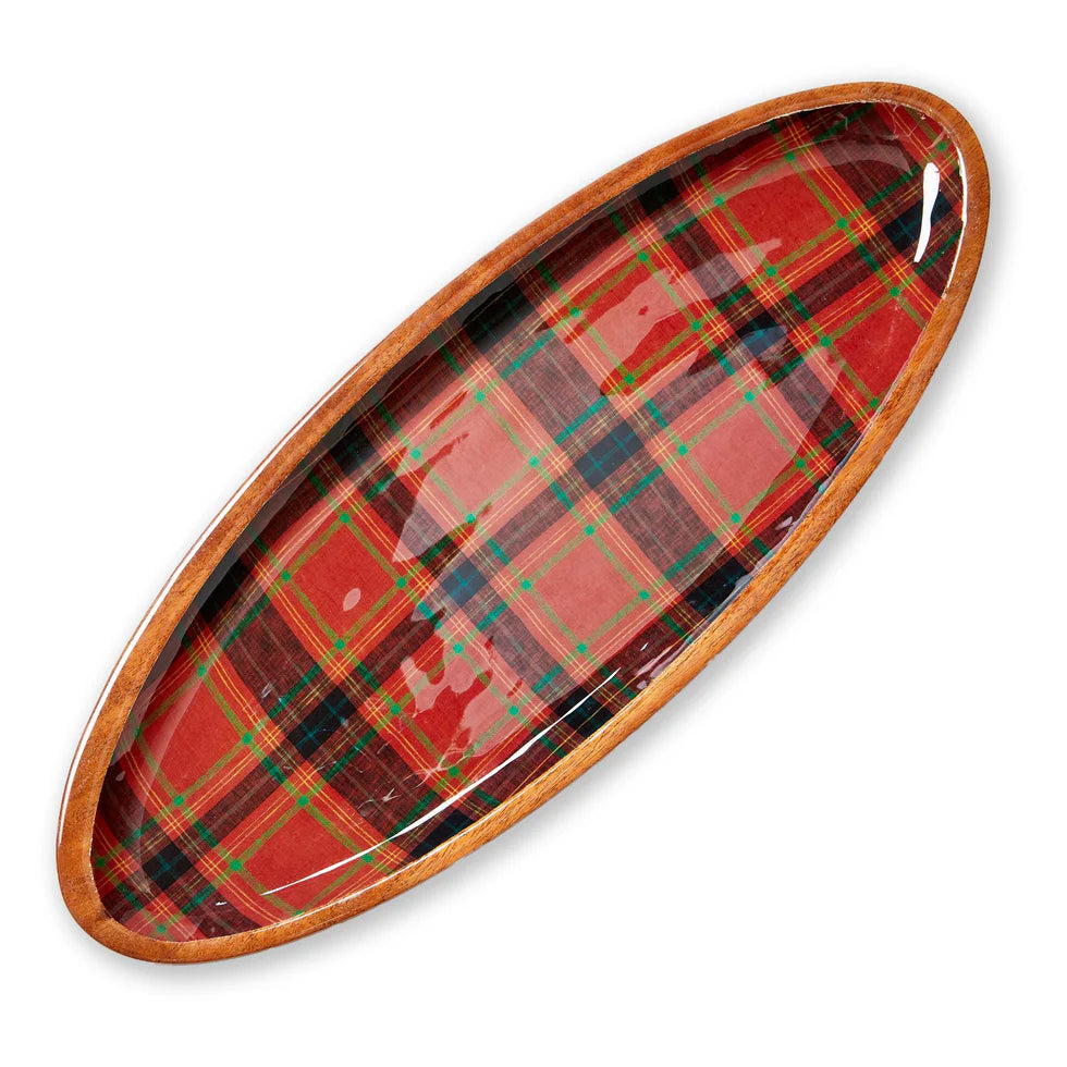 Holiday Plaid Wood and Enamel Platter - Red