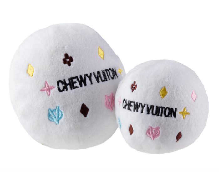 White Chewy Vuiton Ball Squeaker Dog Toy