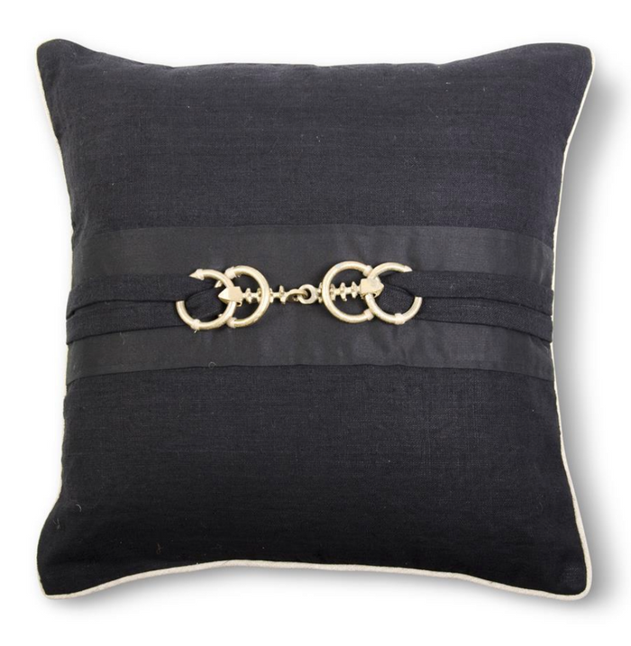 Square Black Linen Pillow w/ Gold Horse Bit Buckle