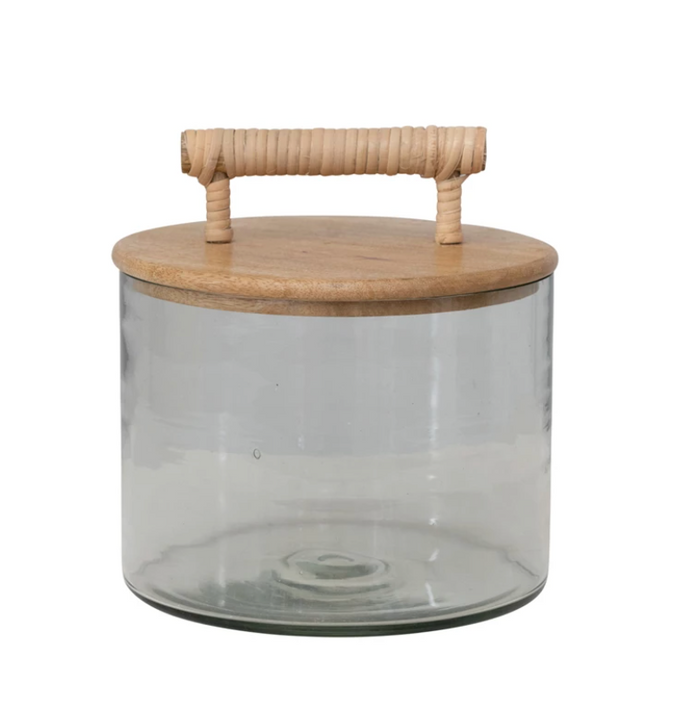 Glass Jar w/ Mango Wood Lid & Rattan Wrapped Handle