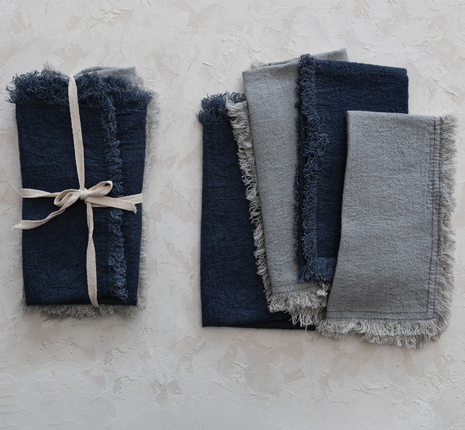 Linen Blend Napkins w/ Fringe, Navy Color & Blue, Set of 4