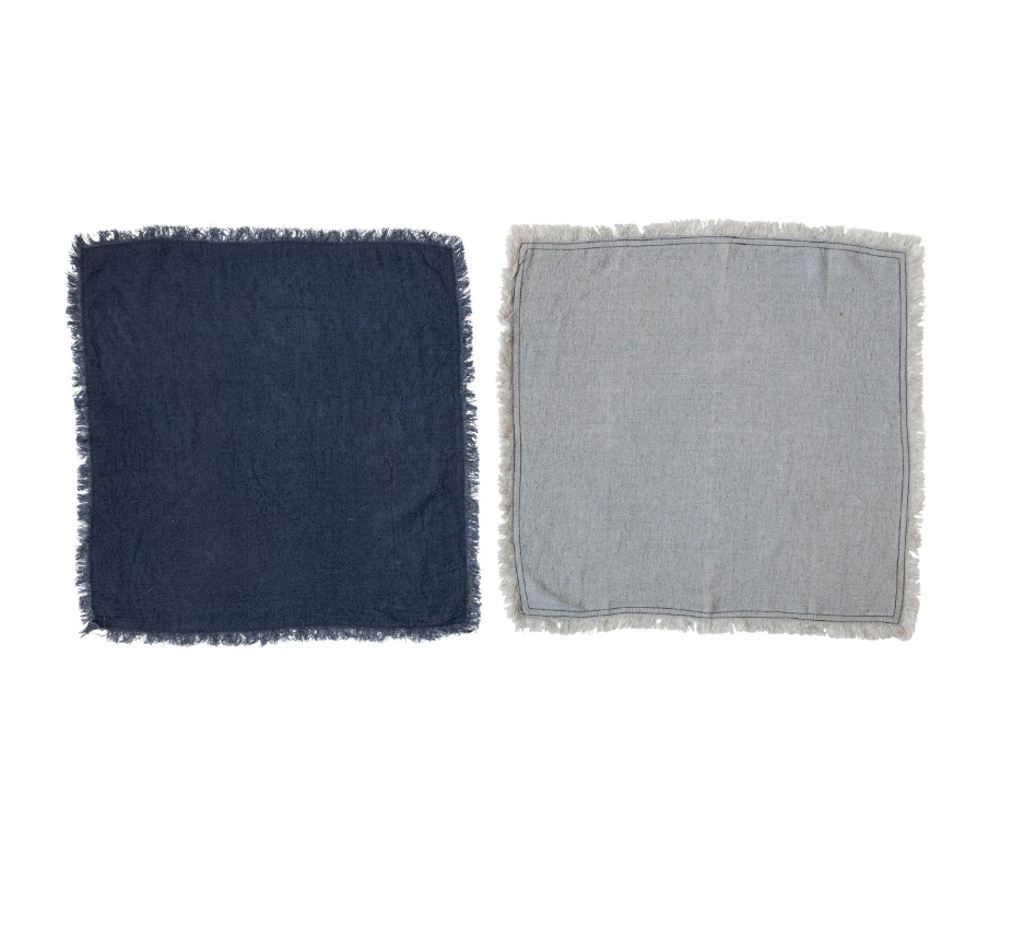 Linen Blend Napkins w/ Fringe, Navy Color & Blue, Set of 4