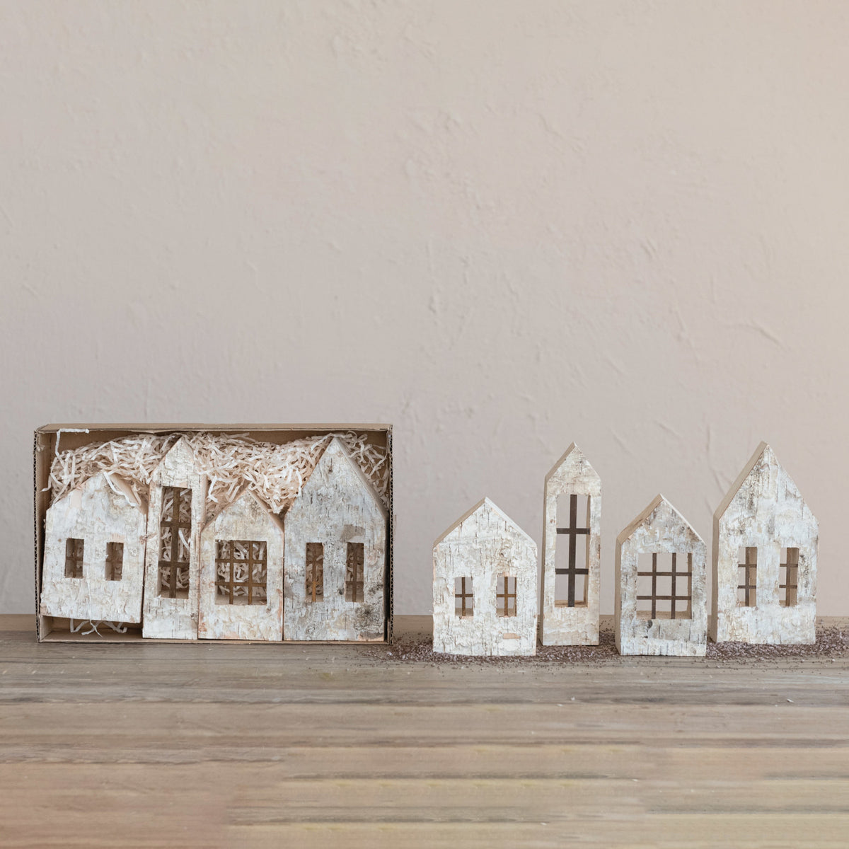 Birch Bark Houses with Windows, Natural - Set of 4
