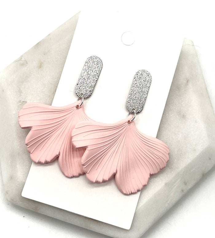Pink Silver Ginkgo Leaf Statement Earrings
