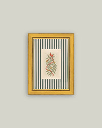 Holly Bells on Stripes Framed Antique Art 5x7