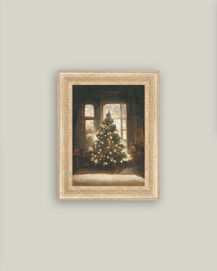 Glowing Christmas Tree Framed Antique Art - 7x9