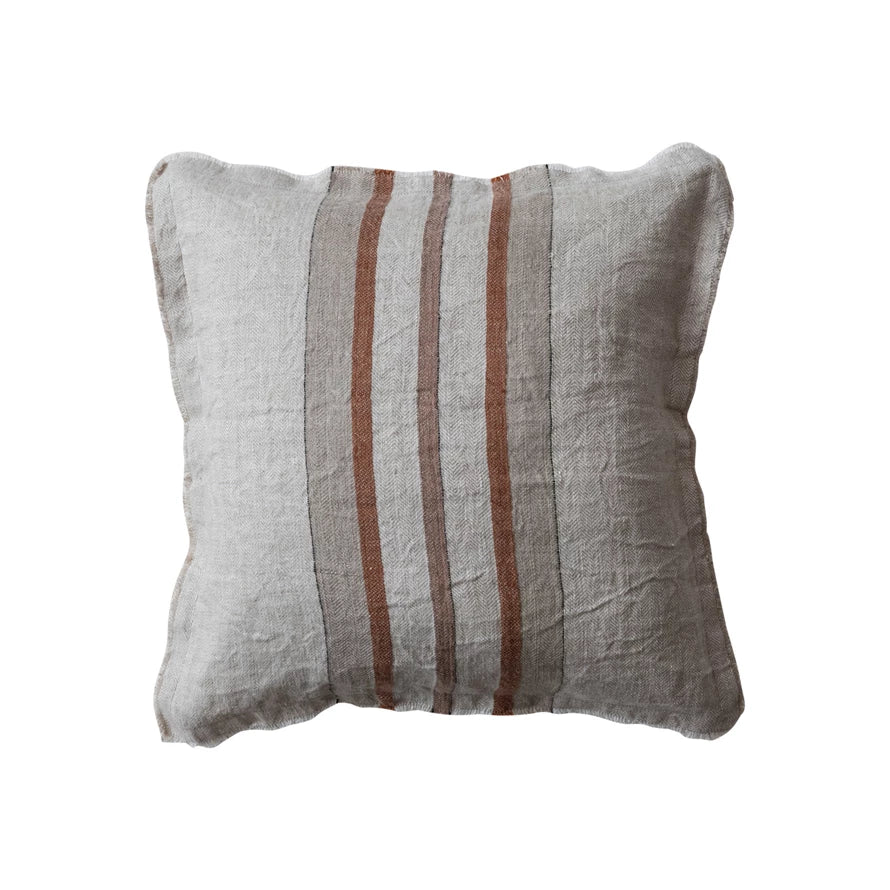 Square Woven Linen Pillow w/ Stripes, Cotton Slub Back & Fringe - 20x20