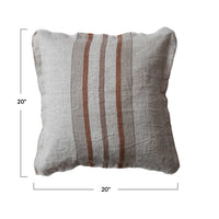 Square Woven Linen Pillow w/ Stripes, Cotton Slub Back & Fringe - 20x20