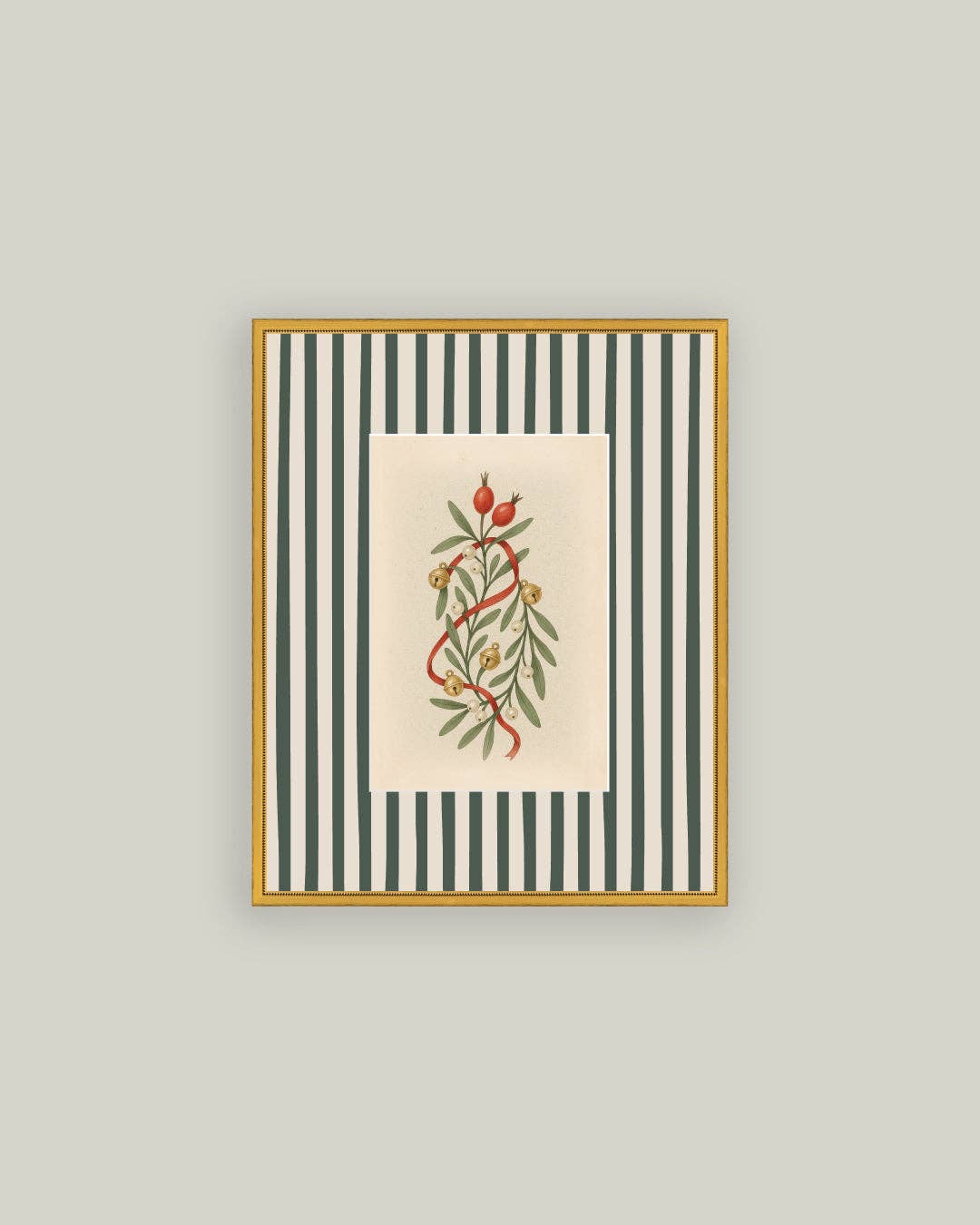 Holly Bells on Stripes Framed Antique Art 5x7