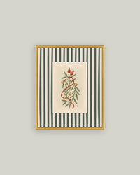 Holly Bells on Stripes Framed Antique Art 5x7