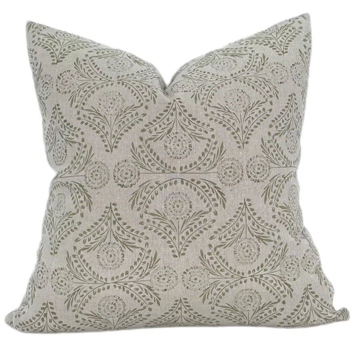 Linen Olive Green Floral Pillow