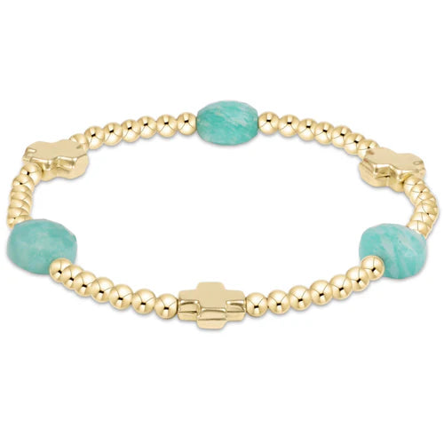signature cross admire gold pattern 3mm bead bracelet - amazonite