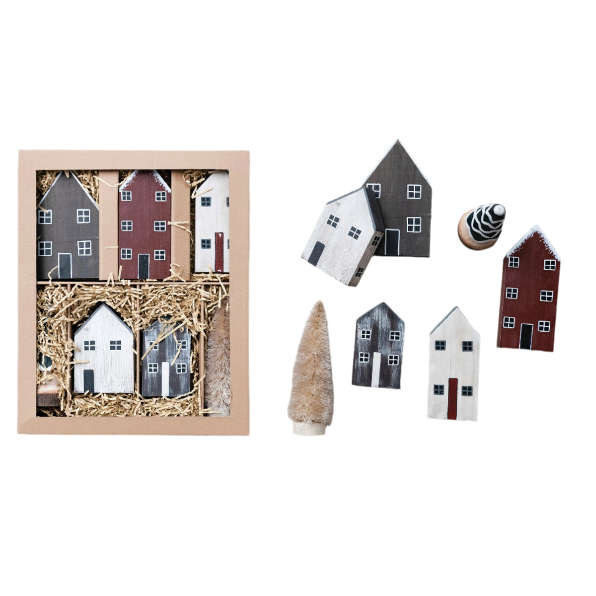 Hand-Painted Pine Wood House Village, Set of 7