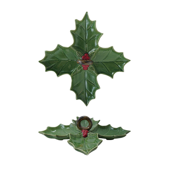 Ceramic Holly Leaf Shaped Dish with 4 Sections & Handle