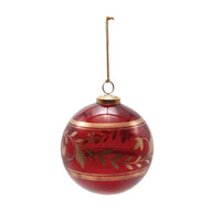 Hand-Painted Glass Ball Ornament with Botanicals, Red & Gold Finish