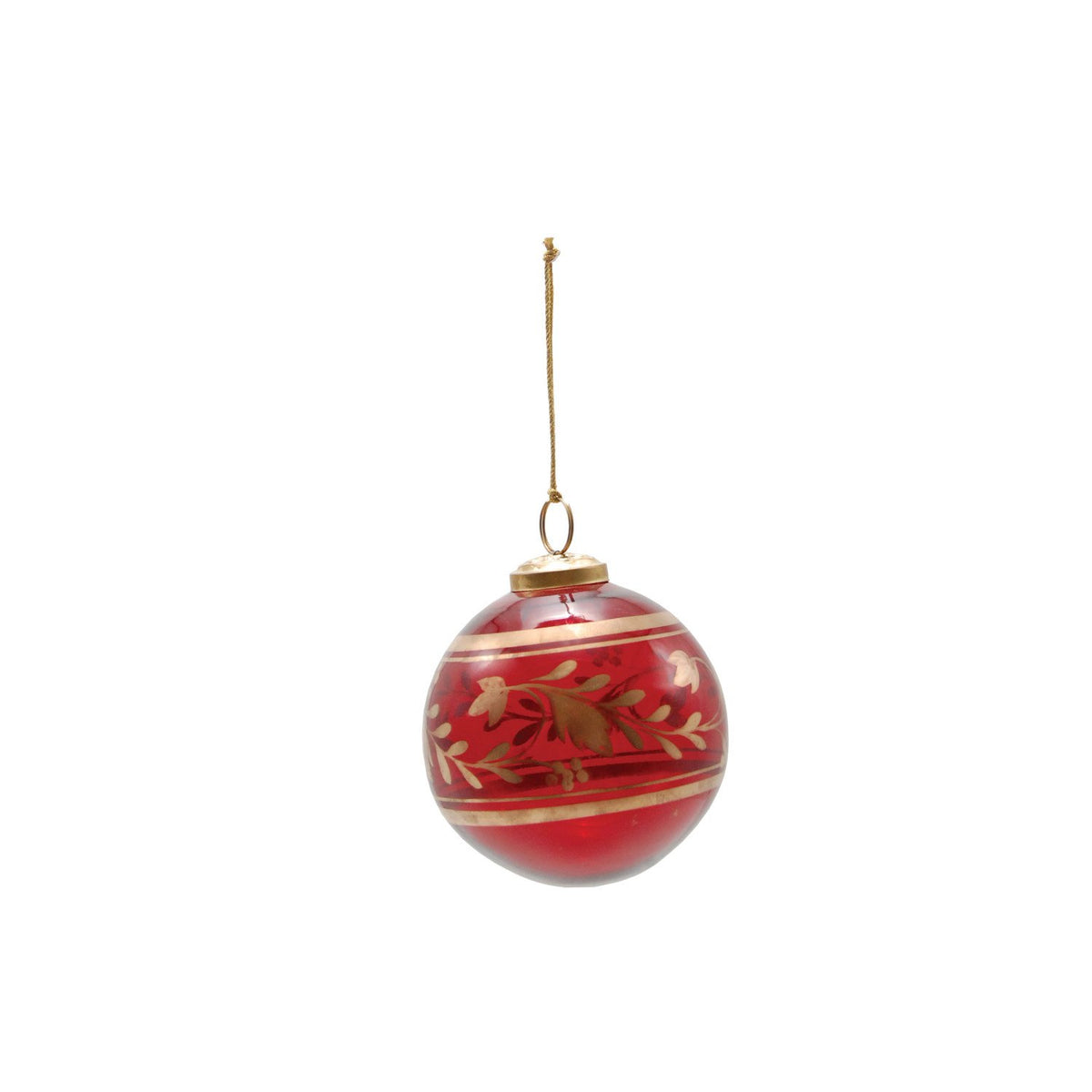 Hand-Painted Glass Ball Ornament with Botanicals, Red & Gold Finish