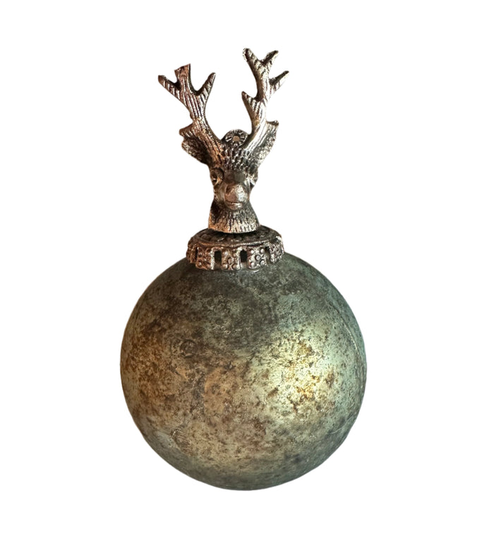 Antique Teal Glass Ball Ornament with Deer Head