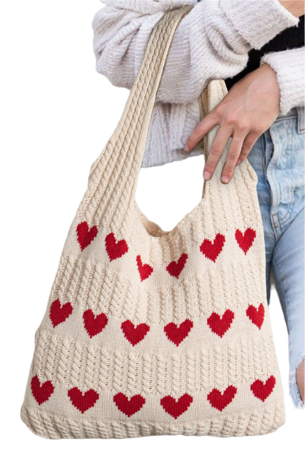 Love Heart Pattern Knit Large Shoulder Bag