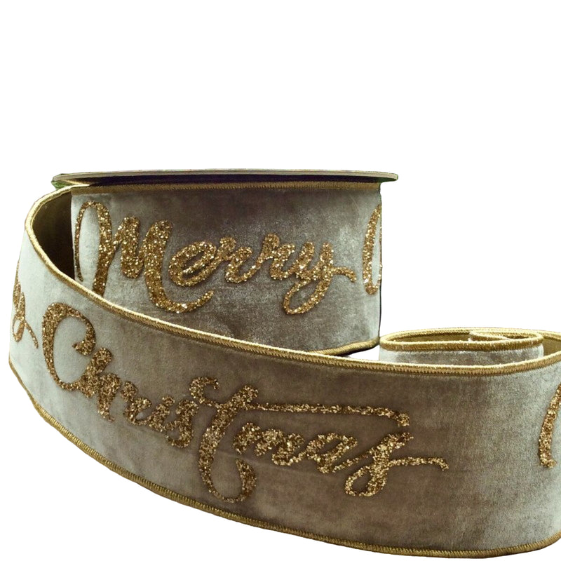 Ribbon - Velvet Gold Glitter Merry Christmas Ribbon - 4" Platinum