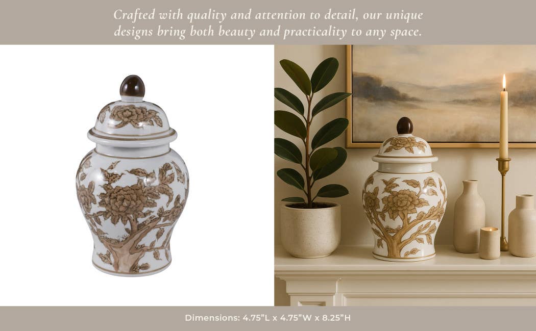 Brown & White Ceramic Tall Vessel with Lid, 8 in.