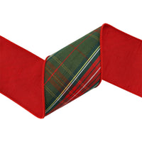 4" Wired Dupioni Ribbon | Red/Dark Green Plaid Bias Cut Double-Fused Red Backing | 5 Yds