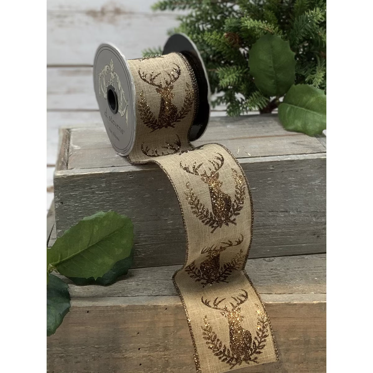 Ribbon - Linen Copper-Brown Glitter Deer - Natural - 2.5"