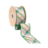 2 1/2" Wired Dupioni Ribbon | Pink And Green Bias Plaid W/ | Green Backing | 10 Yard Roll