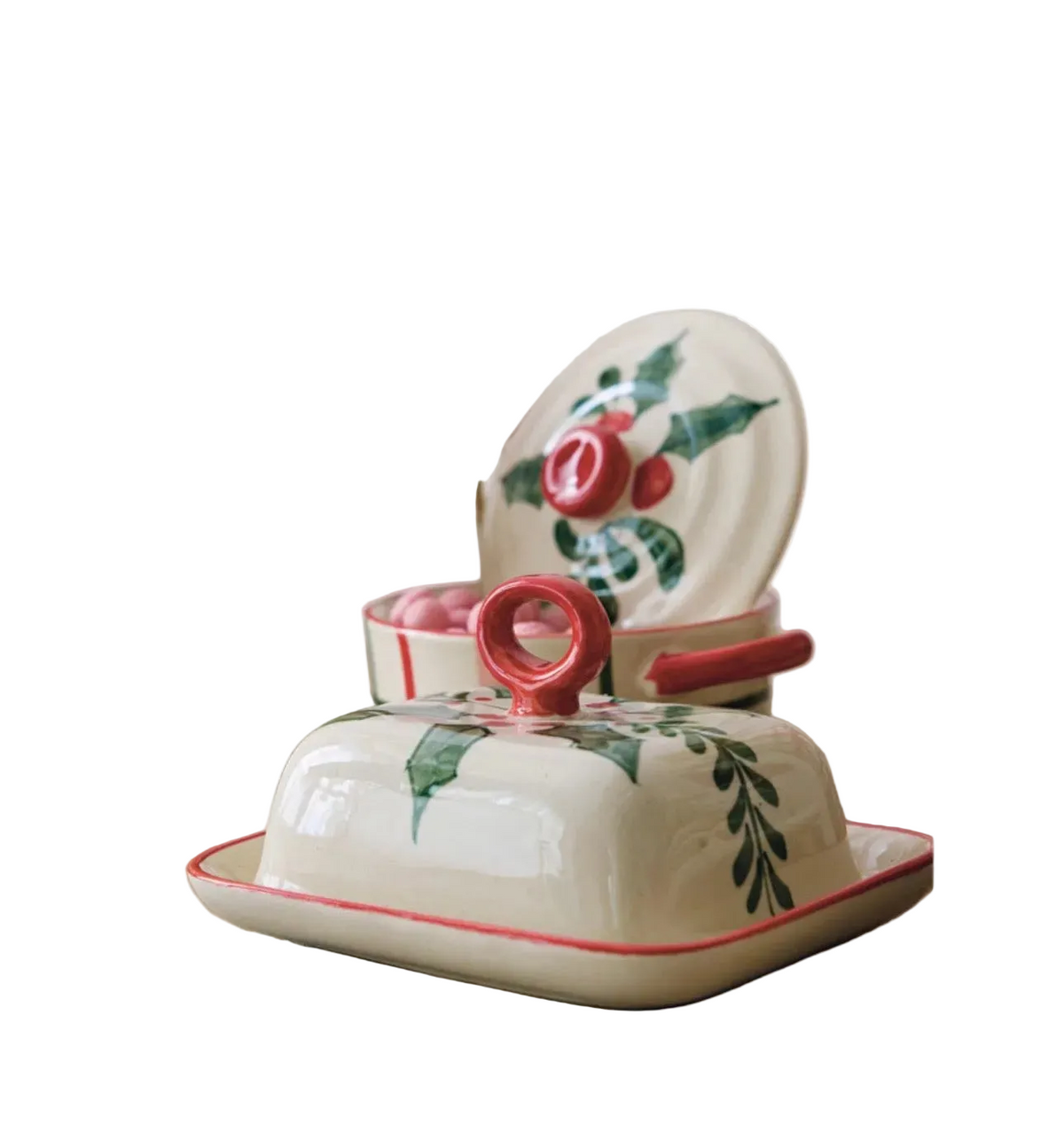 Hand-Painted Stoneware Butter Dish with Colored Rim & Handle