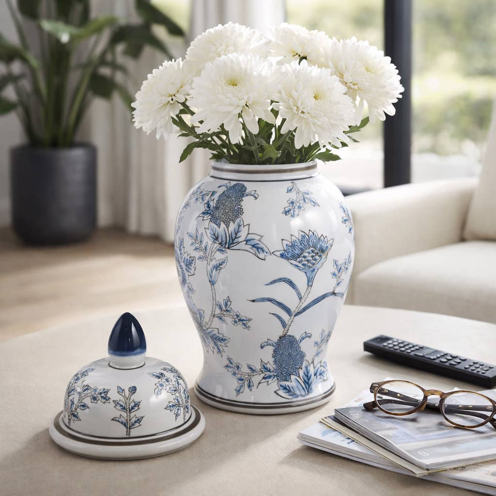 Decorative Jar - Blue/Brown Ceramic Floral Chinoiserie, 15in
