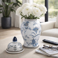 Decorative Jar - Blue/Brown Ceramic Floral Chinoiserie, 15in