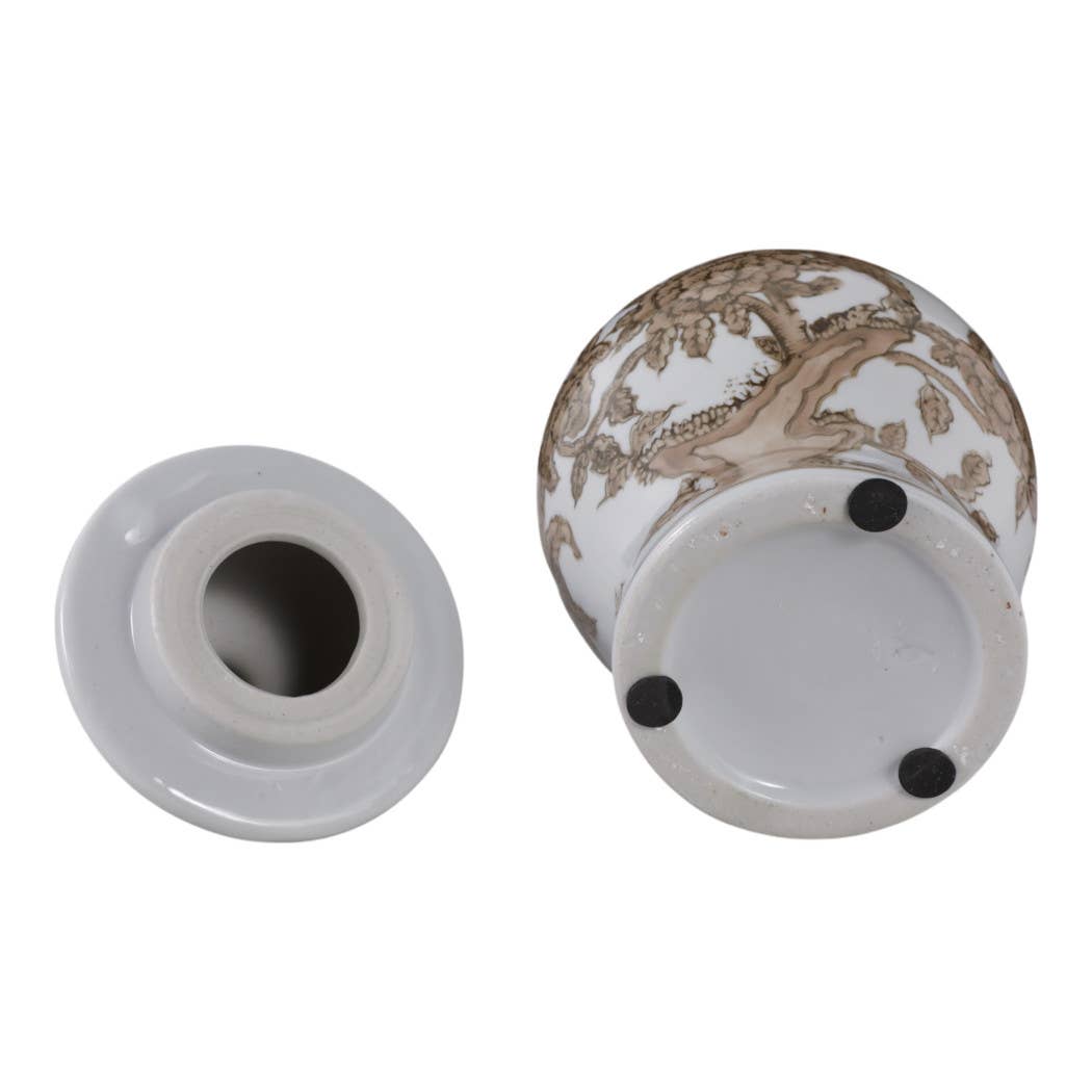 Brown & White Ceramic Tall Vessel with Lid, 8 in.
