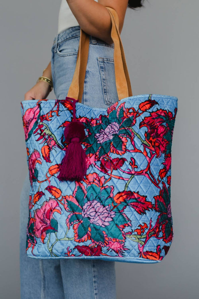 Bright Blue & Multicolored Floral Tote