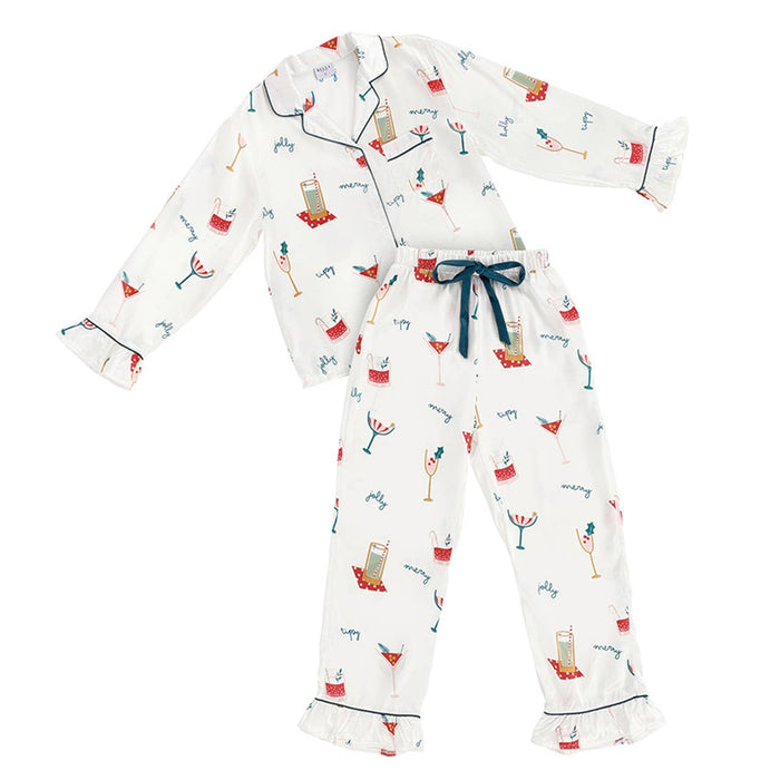 Pajama Set - Ruffle With Velvet Tie - Holiday Drinks