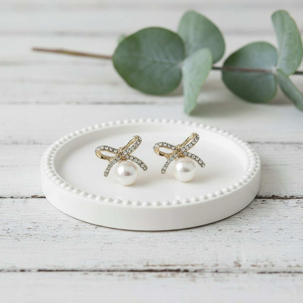Elizabeth Crystal Bow & Pearl Earrings