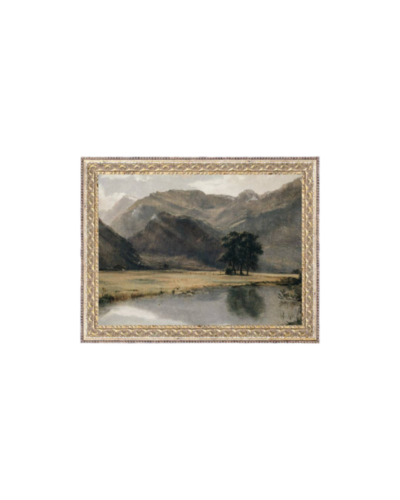 River Mountainscape Framed Antique Art