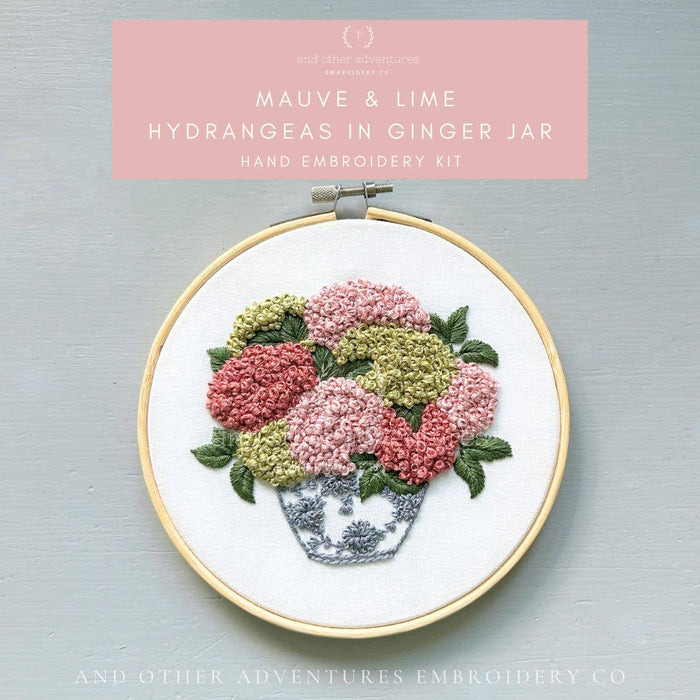 Hand Embroidery Kit - Mauve & Lime Hydrangeas in Ginger Jar