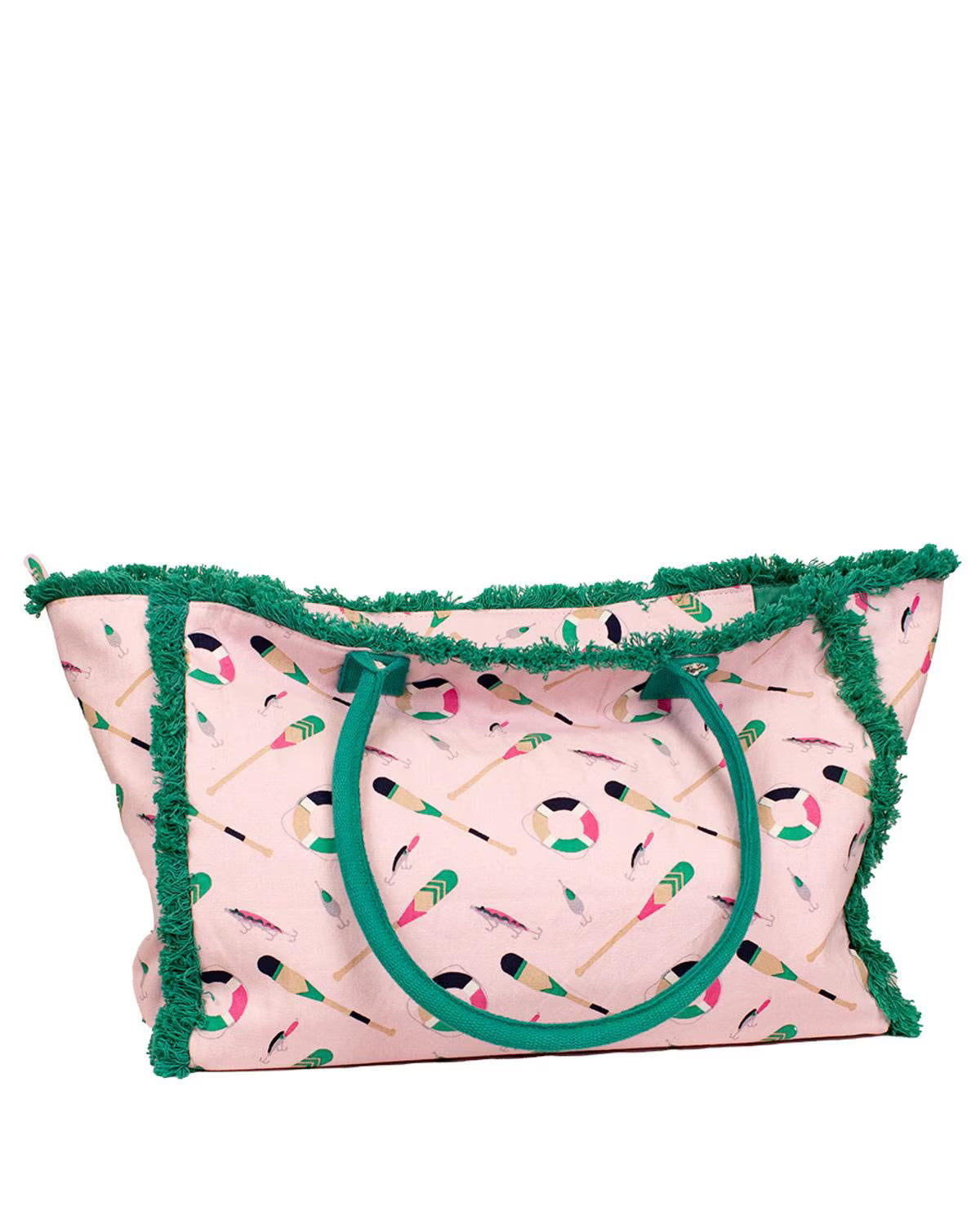 Lake Oar Fringe Tote - Light Pink/Emerald