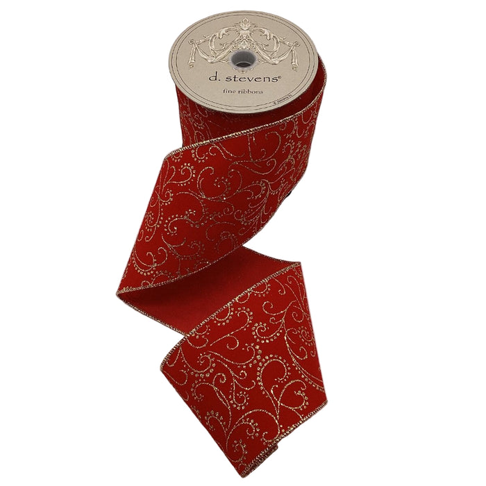 Ribbon - Velvet Gold Glitter Swirls - Red - 4" x 10 yds.
