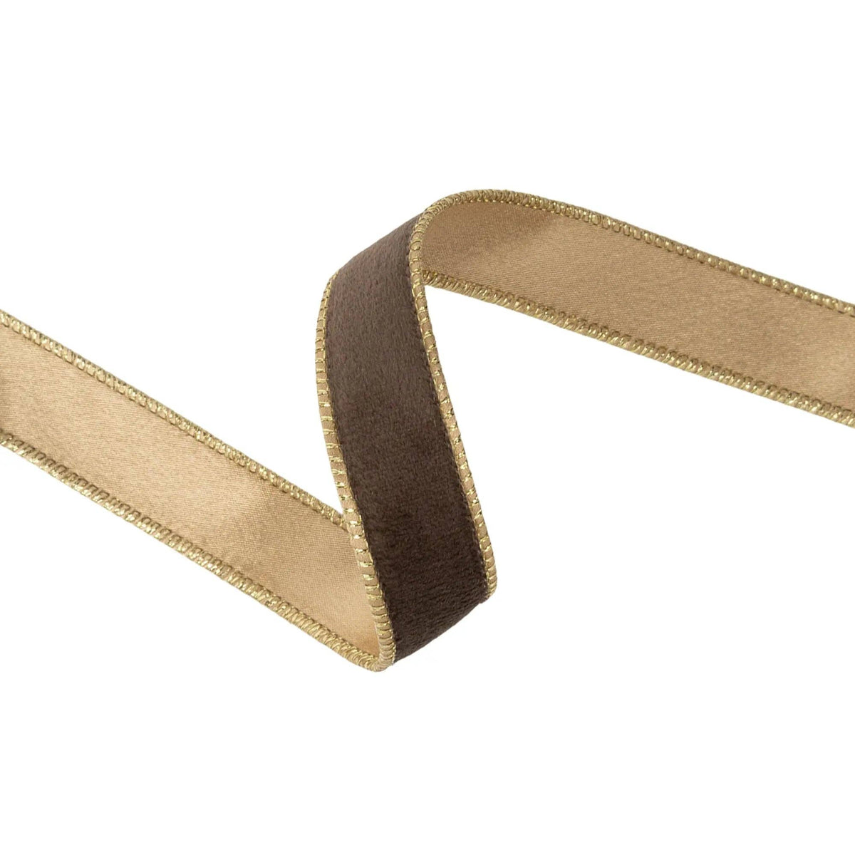 1" Reversible Velvet Wired Ribbon | Brown w/ Gold Shimmer Satin Backing | 10 Yds