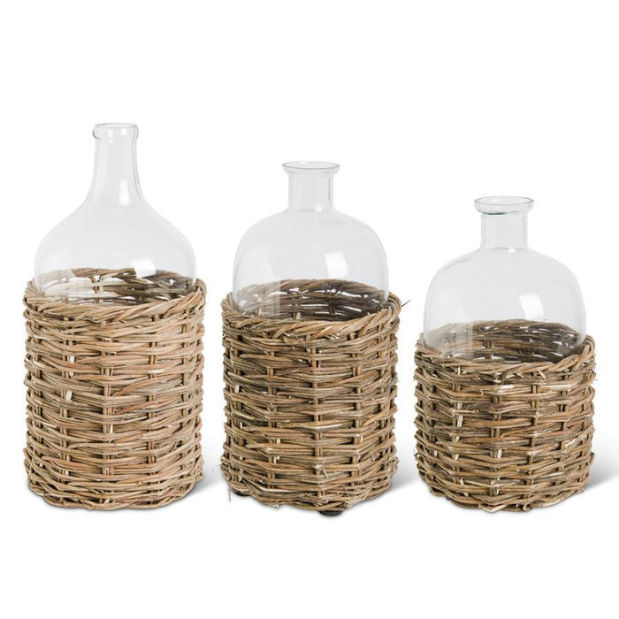 Glass Bottles in Rattan Basket