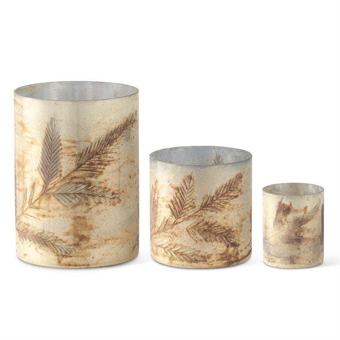 Pine Sprig Etched Glass Candleholder - Cream w/Silver Interior