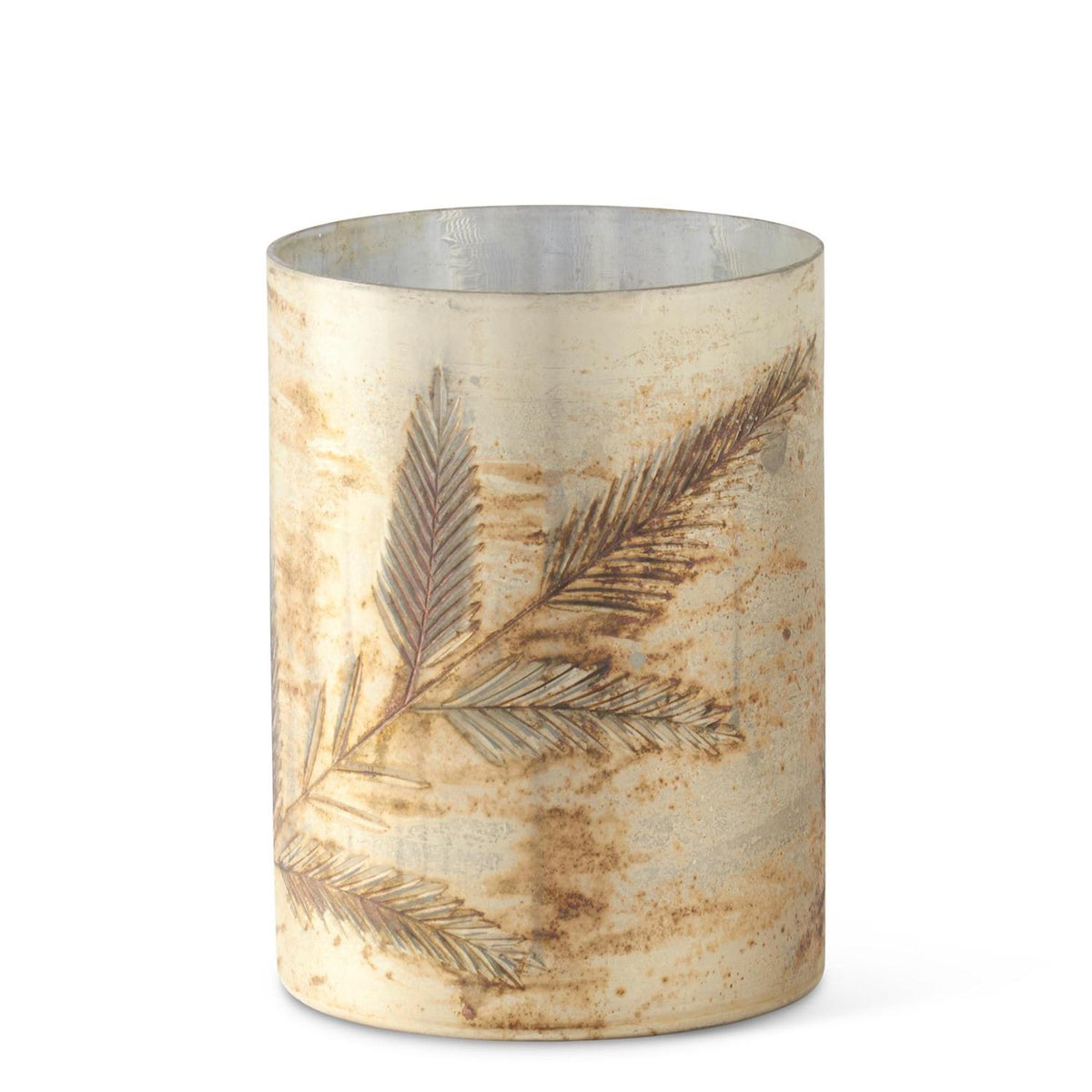 Pine Sprig Etched Glass Candleholder - Cream w/Silver Interior