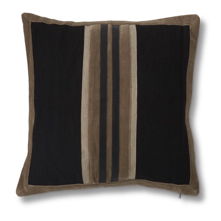 Black Linen Cotton Velvet & Vegan Leather Striped Pillow - 20"